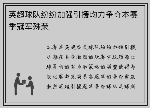 英超球队纷纷加强引援均力争夺本赛季冠军殊荣