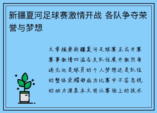 新疆夏河足球赛激情开战 各队争夺荣誉与梦想