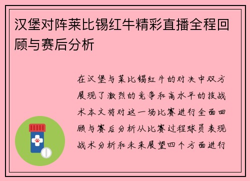 汉堡对阵莱比锡红牛精彩直播全程回顾与赛后分析