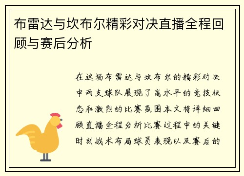 布雷达与坎布尔精彩对决直播全程回顾与赛后分析