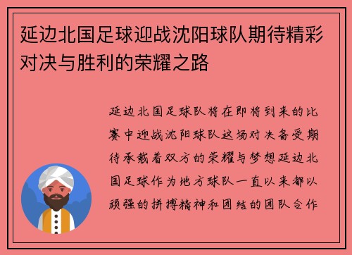 延边北国足球迎战沈阳球队期待精彩对决与胜利的荣耀之路