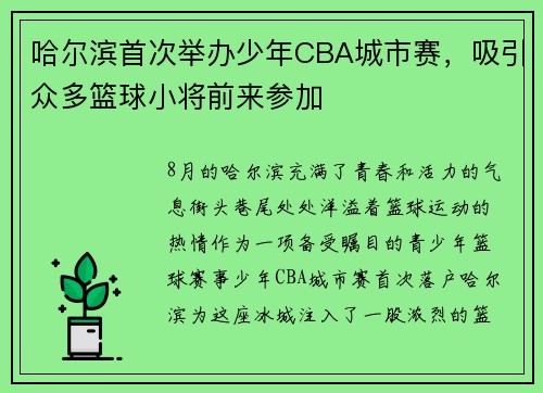 哈尔滨首次举办少年CBA城市赛，吸引众多篮球小将前来参加