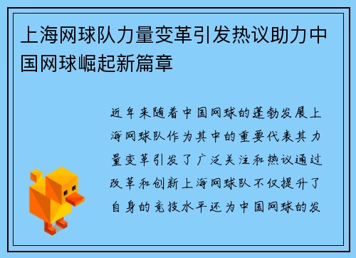 上海网球队力量变革引发热议助力中国网球崛起新篇章