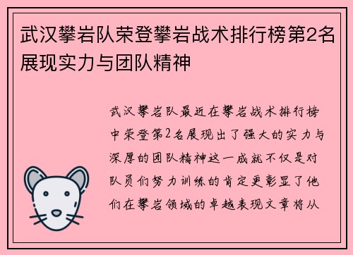 武汉攀岩队荣登攀岩战术排行榜第2名展现实力与团队精神