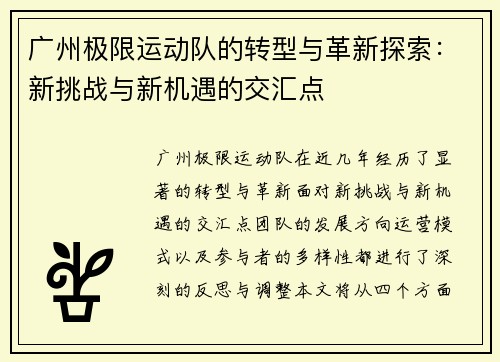 广州极限运动队的转型与革新探索：新挑战与新机遇的交汇点