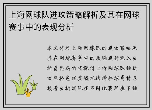 上海网球队进攻策略解析及其在网球赛事中的表现分析